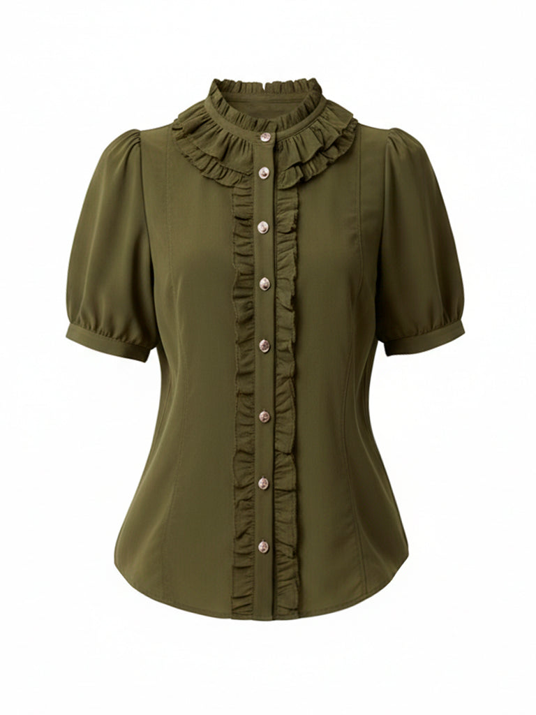 [Pre-Sale] Olive Green 1940s Button Solid Ruffles Blouse