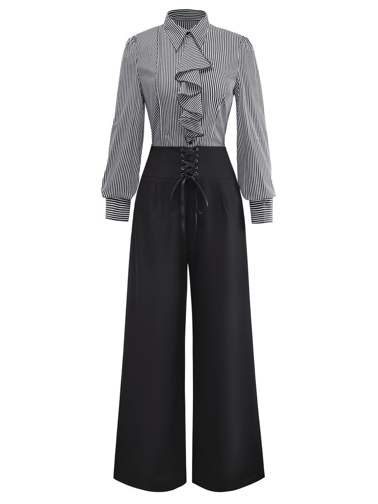 [Pre-Sale] 2PCS Black 1940s Ruffled Striped Blouse & Lace-Up Pants