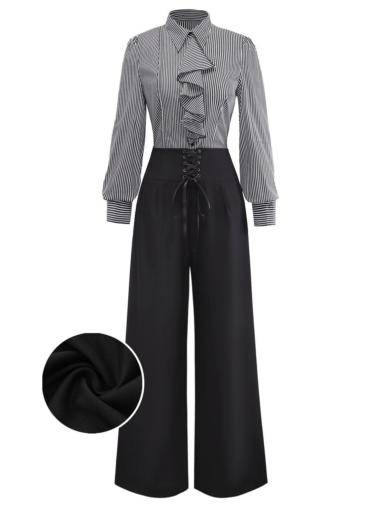 [Pre-Sale] 2PCS Black 1940s Ruffled Striped Blouse & Lace-Up Pants