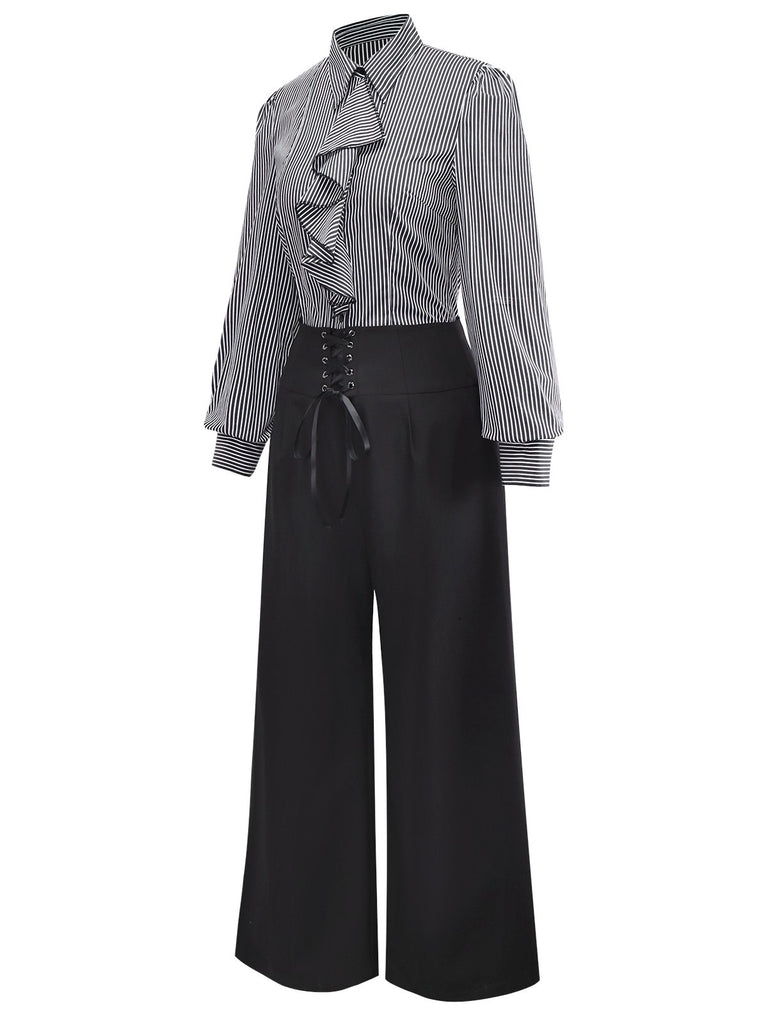 [Pre-Sale] 2PCS Black 1940s Ruffled Striped Blouse & Lace-Up Pants