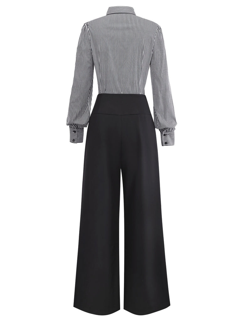 [Pre-Sale] 2PCS Black 1940s Ruffled Striped Blouse & Lace-Up Pants