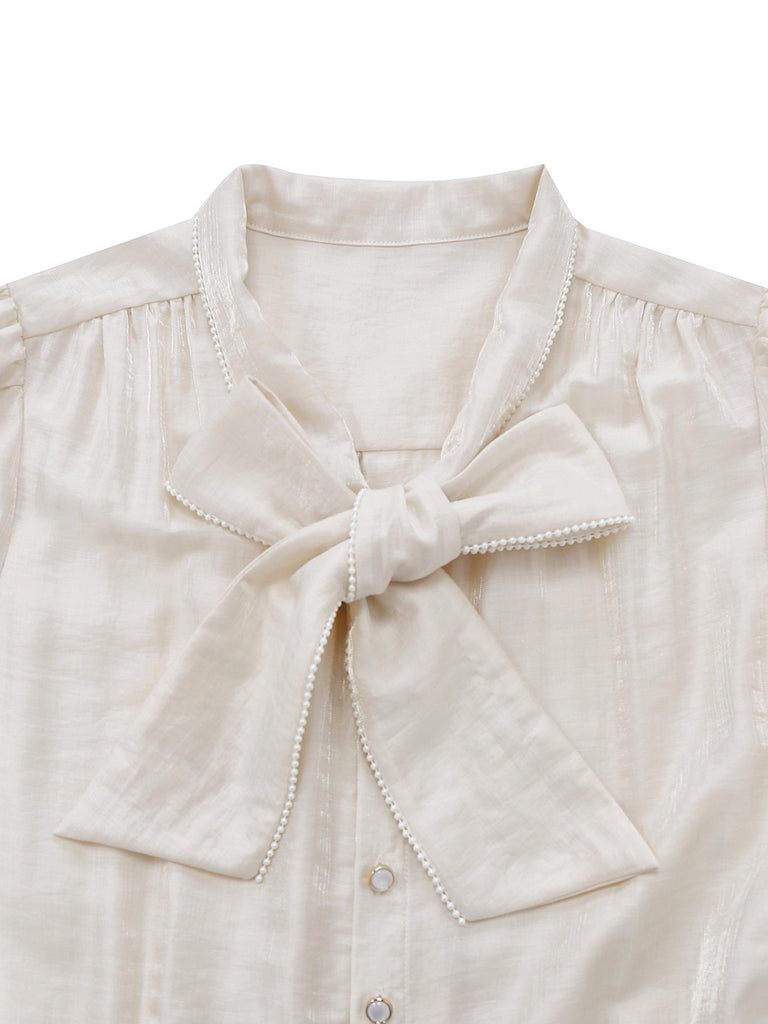 [Pre-Sale] Beige 1950s Pearl Trimmed Bow Tie-Neck Jumpsuit