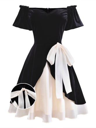 [Pre-Sale] Black 1950s Velvet Satin Off-Shoulder Bow Dress