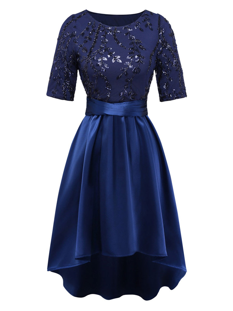 [Pre-Sale] Dark Blue 1950s Satin Sequined Embroidered Dress