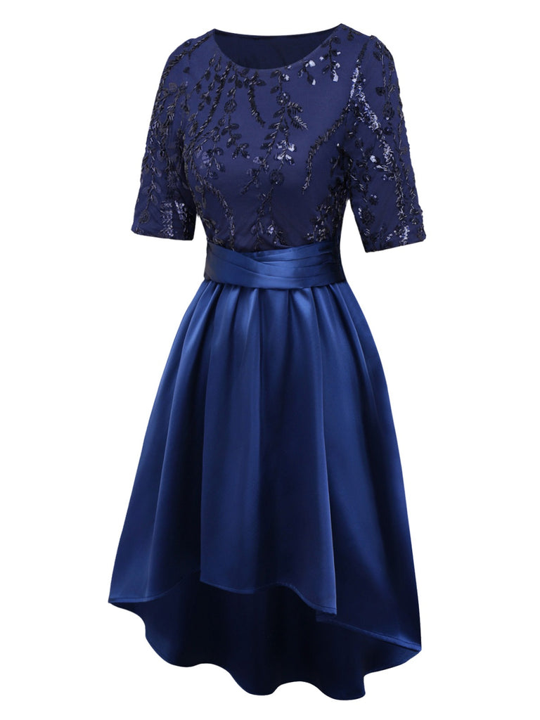 [Pre-Sale] Dark Blue 1950s Satin Sequined Embroidered Dress