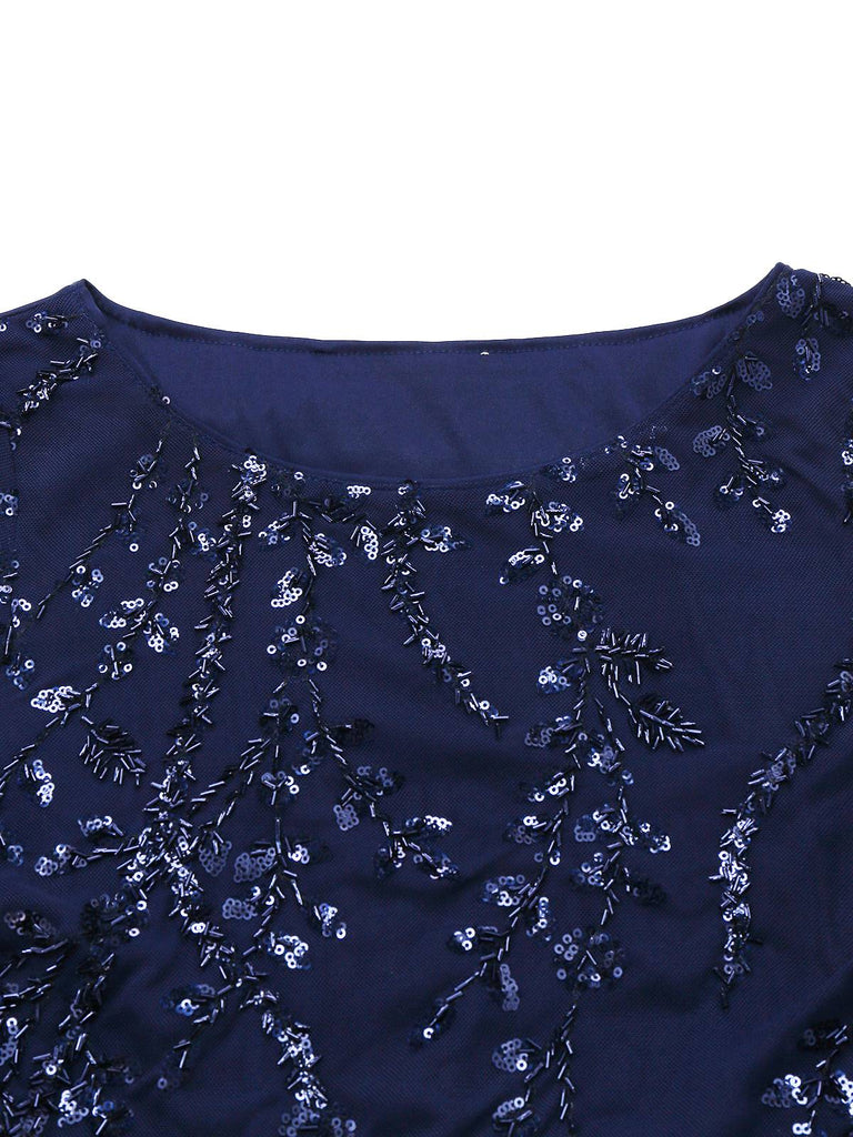 [Pre-Sale] Dark Blue 1950s Satin Sequined Embroidered Dress