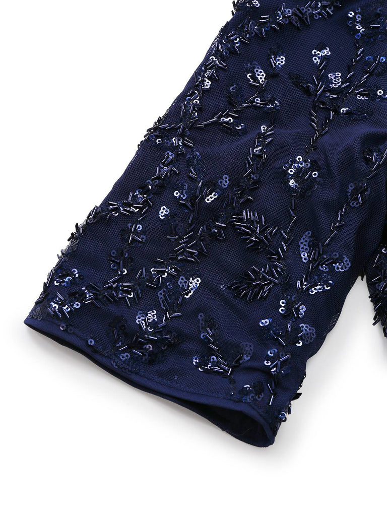 [Pre-Sale] Dark Blue 1950s Satin Sequined Embroidered Dress