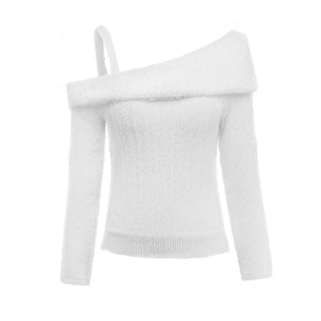 [Pre-Sale] White 1960s Off-Shoulder Camisole Plush Knit Sweater