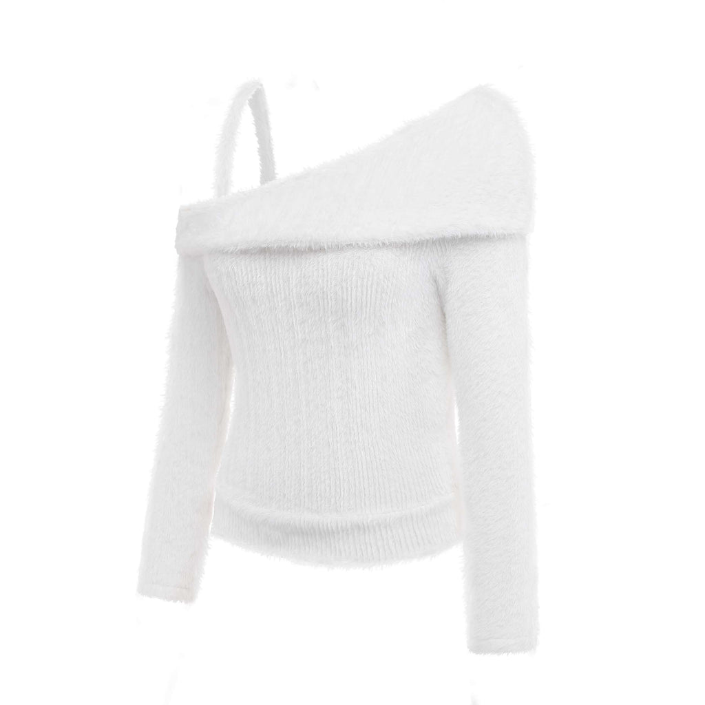 [Pre-Sale] White 1960s Off-Shoulder Camisole Plush Knit Sweater