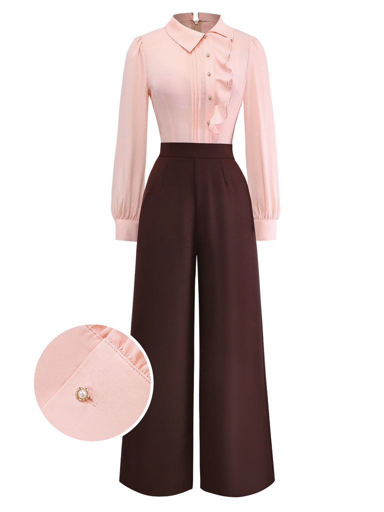 [Pre-Sale] Pink 1930s Colorblock Ruffled Irregular Lapel Jumpsuit