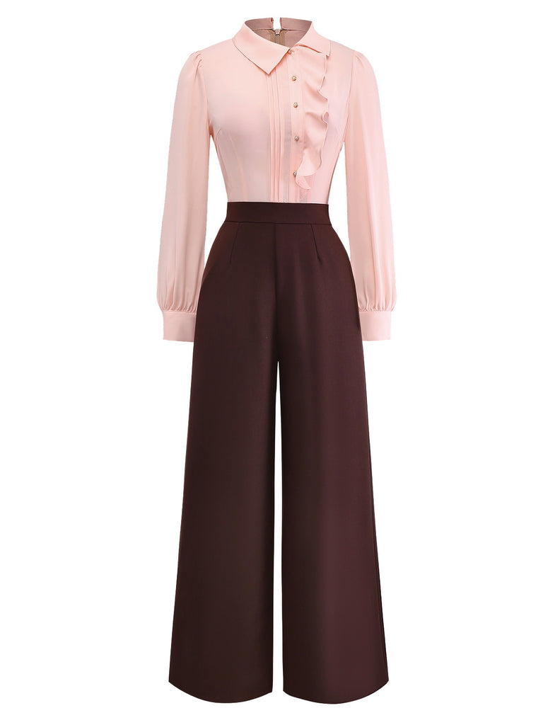 [Pre-Sale] Pink 1930s Colorblock Ruffled Irregular Lapel Jumpsuit