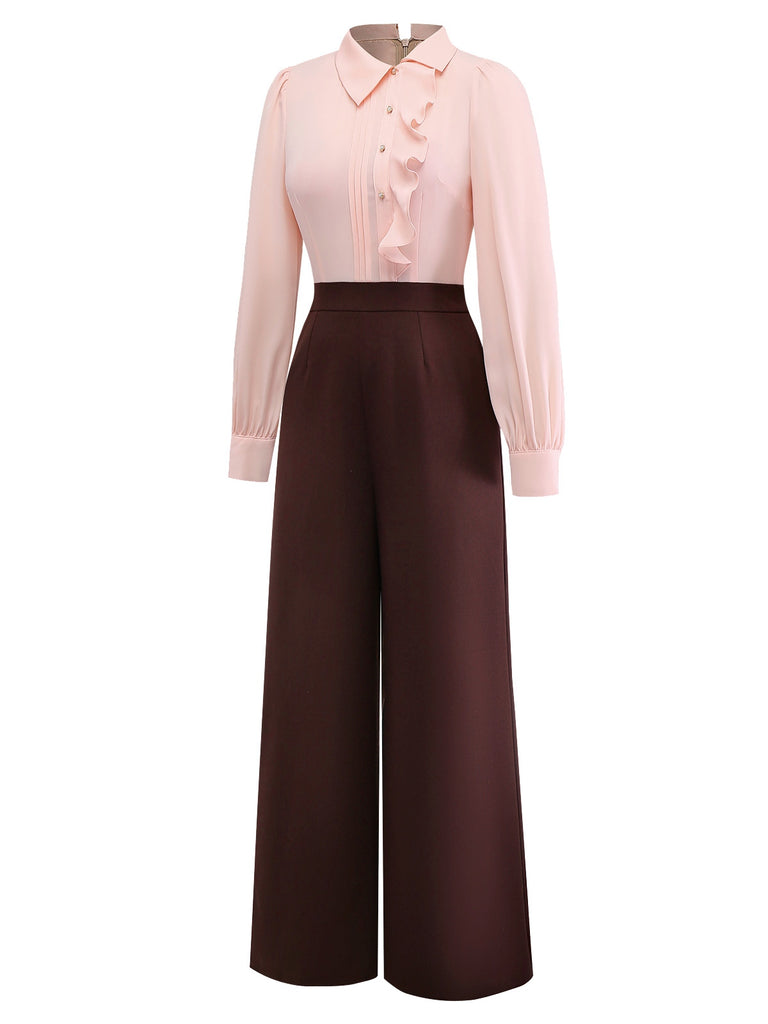 [Pre-Sale] Pink 1930s Colorblock Ruffled Irregular Lapel Jumpsuit