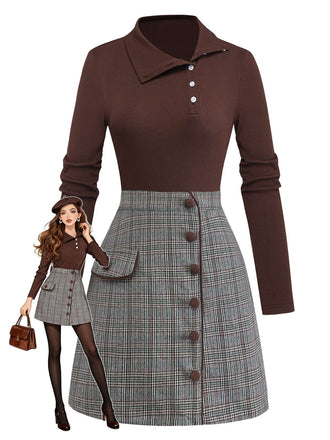 [Pre-Sale] Brown 1970s Knitted Plaid Asymmetrical Neck Dress