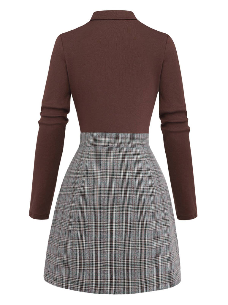 [Pre-Sale] Brown 1970s Knitted Plaid Asymmetrical Neck Dress