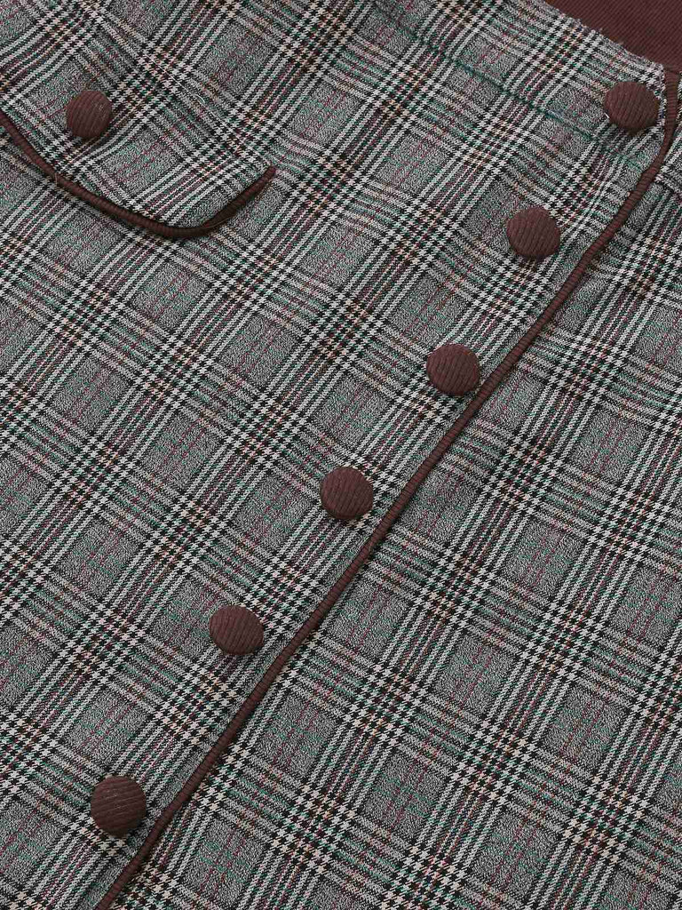 [Pre-Sale] Brown 1970s Knitted Plaid Asymmetrical Neck Dress