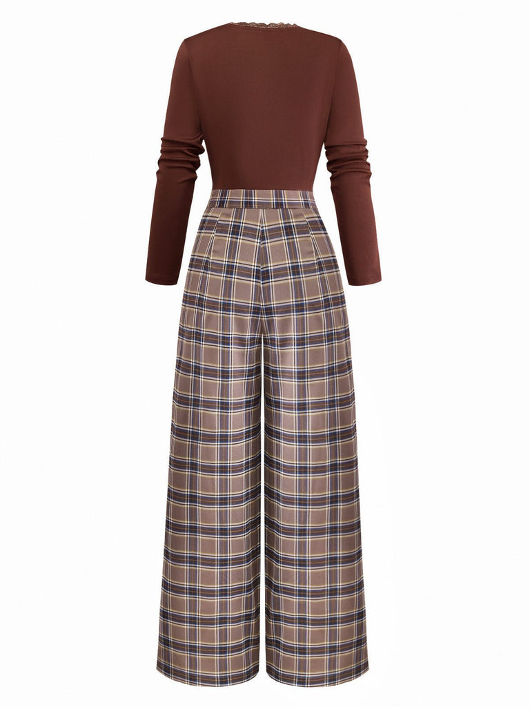 [Pre-Sale] Caramel 1930s Plaid Patchwork V-Neck Knit Jumpsuit
