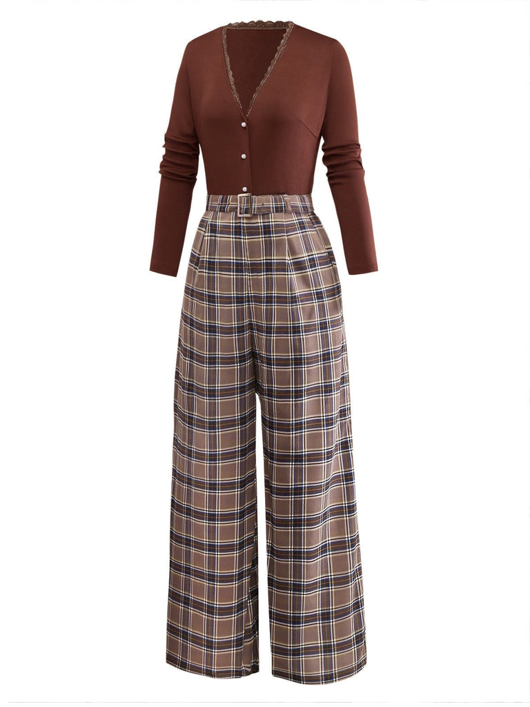 [Pre-Sale] Caramel 1930s Plaid Patchwork V-Neck Knit Jumpsuit