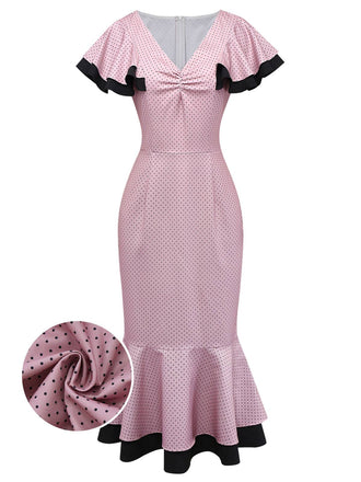 [Pre-Sale] Pink & Black 1930s Ruffled Polka Dot V-Neck Dress
