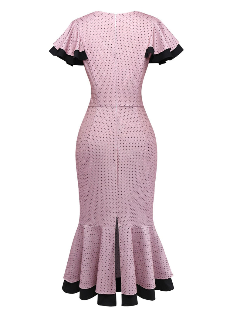 [Pre-Sale] Pink & Black 1930s Ruffled Polka Dot V-Neck Dress