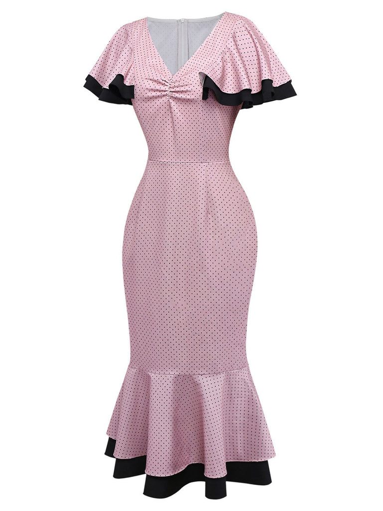 [Pre-Sale] Pink & Black 1930s Ruffled Polka Dot V-Neck Dress