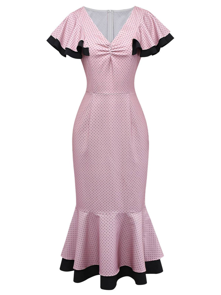 [Pre-Sale] Pink & Black 1930s Ruffled Polka Dot V-Neck Dress