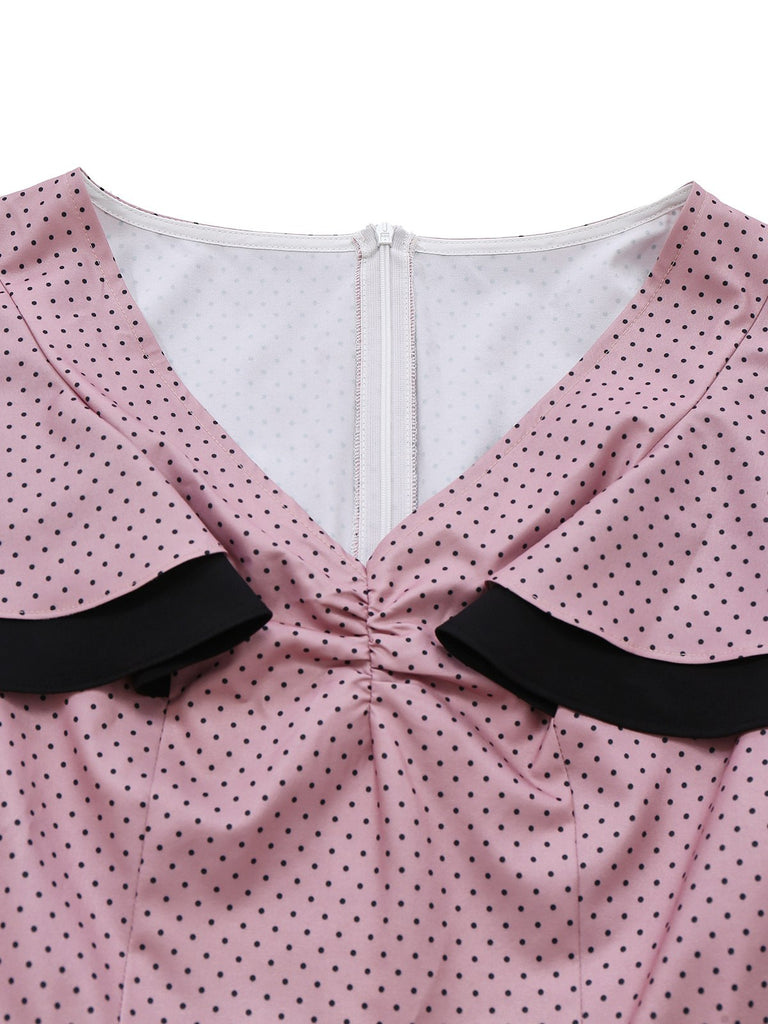 [Pre-Sale] Pink & Black 1930s Ruffled Polka Dot V-Neck Dress