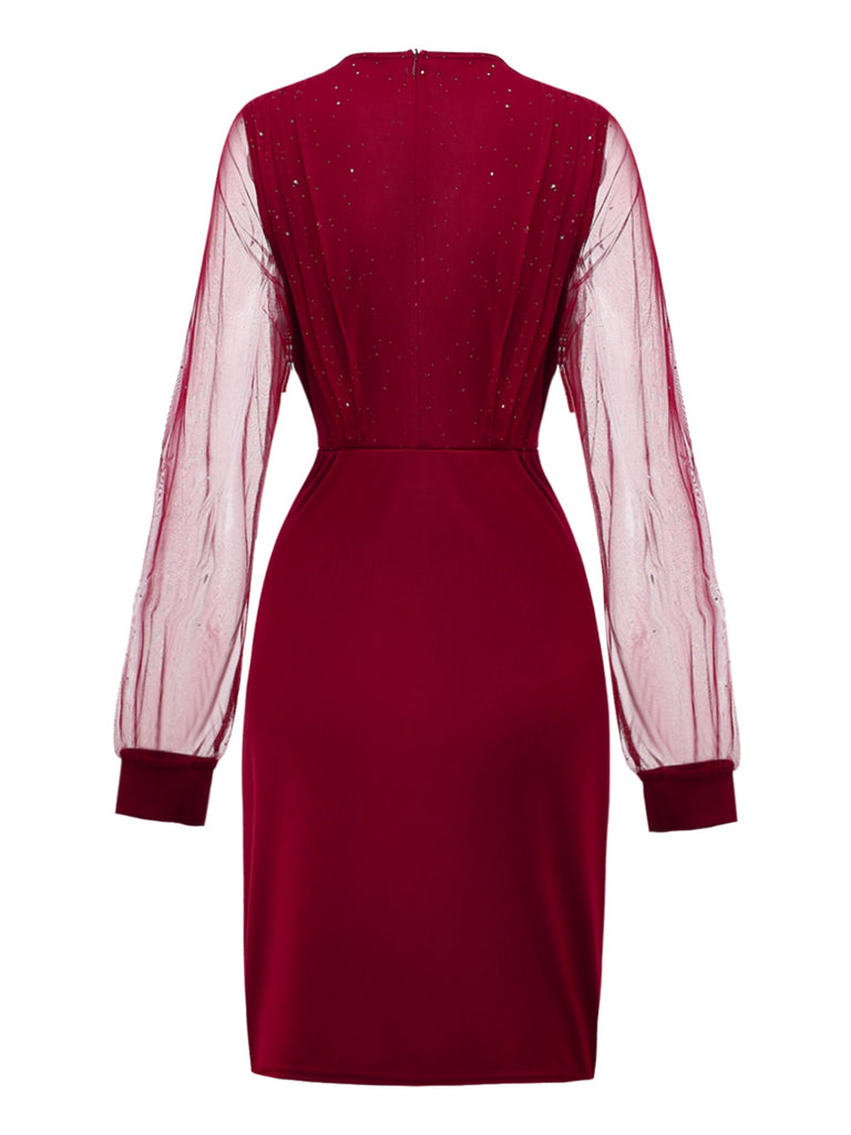 1960s Solid Glitter V-Neck Mesh Bodycon Dress