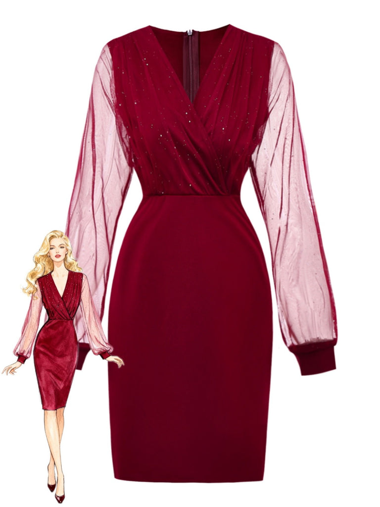 1960s Solid Glitter V-Neck Mesh Bodycon Dress