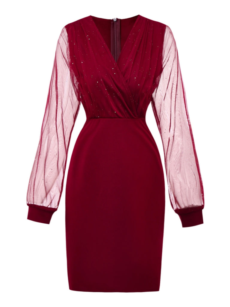 1960s Solid Glitter V-Neck Mesh Bodycon Dress