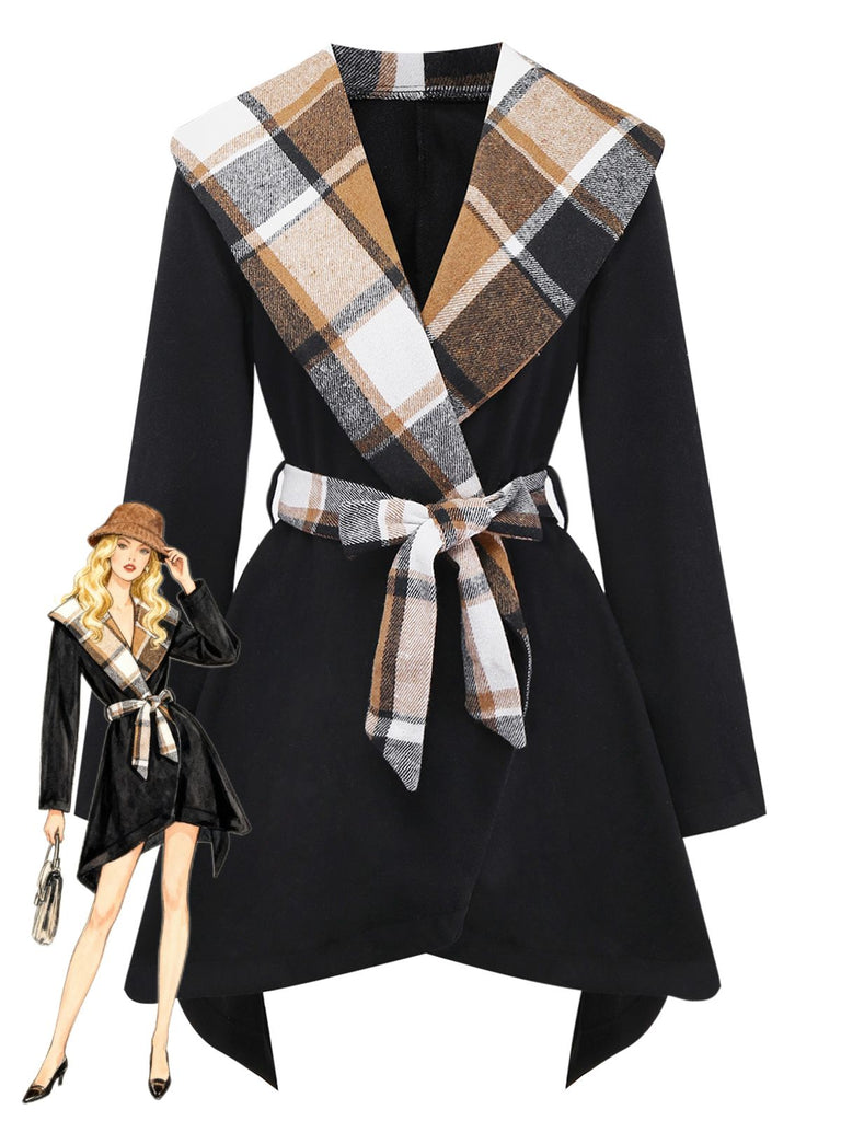 Black 1960s Lapel Plaid Faux-Wool Jacket