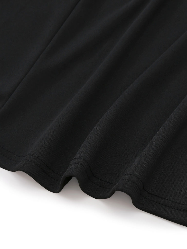 Black 1930s Bow Collar Metal Button Front Slit Dress