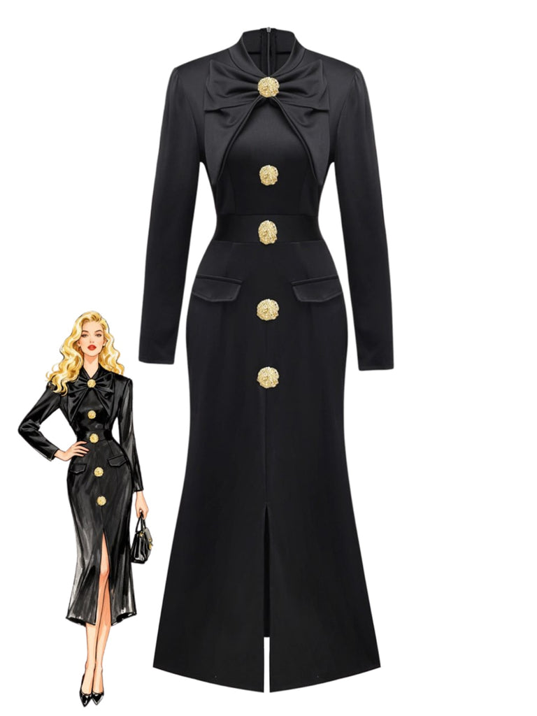 Black 1930s Bow Collar Metal Button Front Slit Dress