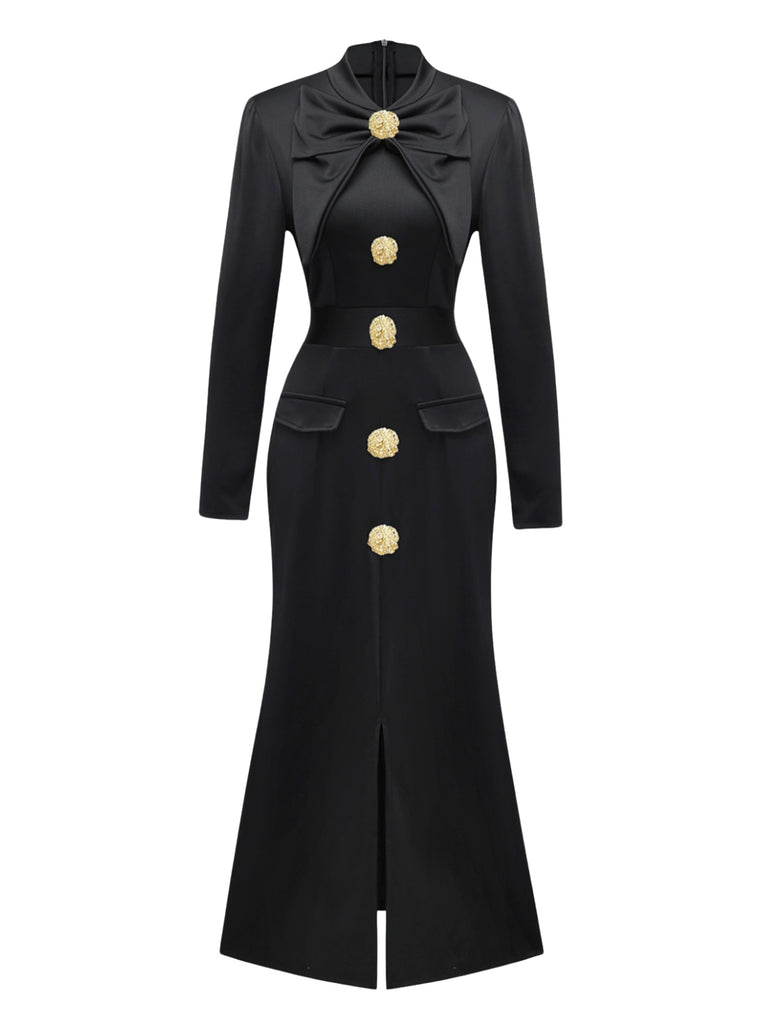 Black 1930s Bow Collar Metal Button Front Slit Dress