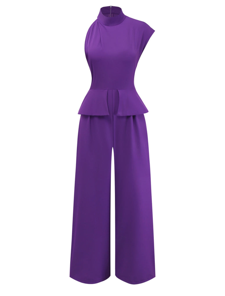 Purple 1980s Solid Irregular Sleeve Fitted Jumpsuit