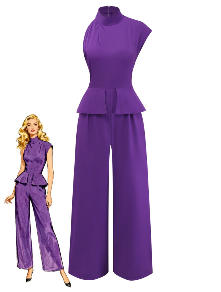 Purple 1980s Solid Irregular Sleeve Fitted Jumpsuit