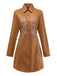 Brown 1970s Lapel Floral Embroidered Faux-Suede Dress