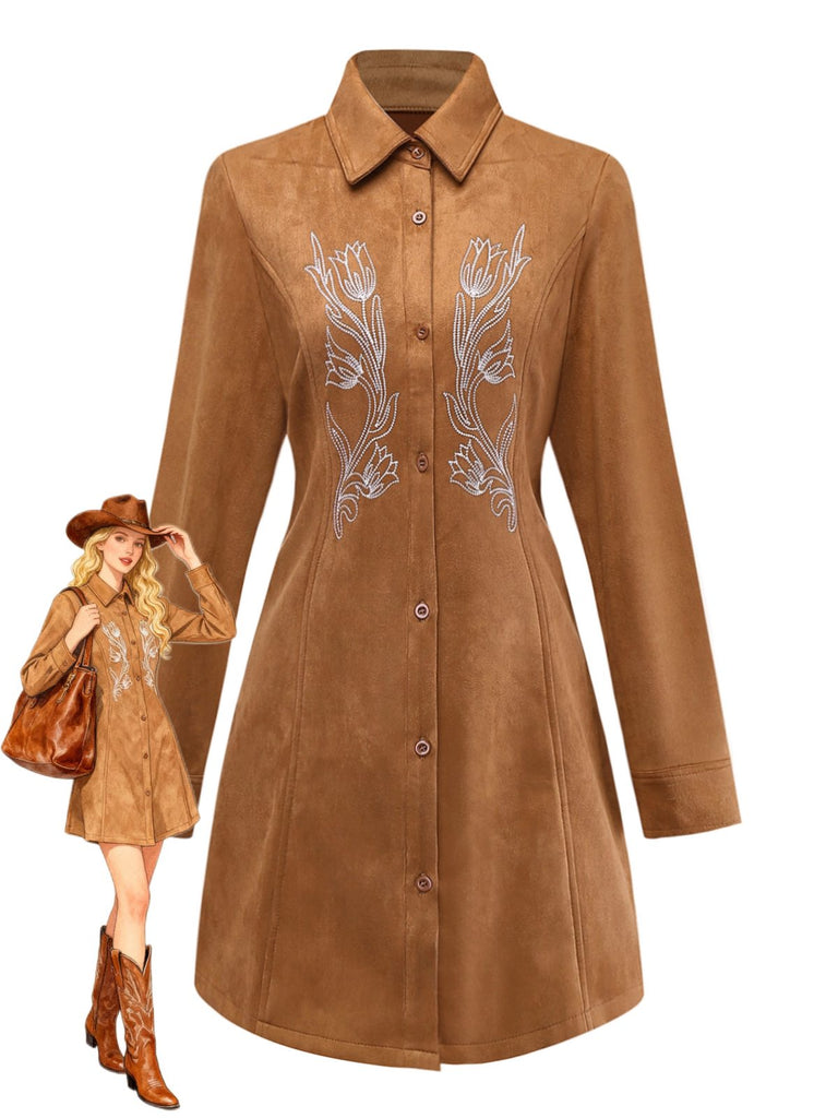 Brown 1970s Lapel Floral Embroidered Faux-Suede Dress