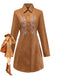 Brown 1970s Lapel Floral Embroidered Faux-Suede Dress