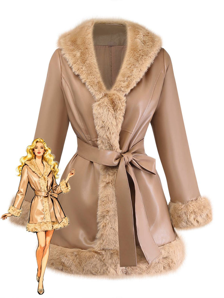 Khaki 1940s PU Leather Faux Fur Collar Belted Coat