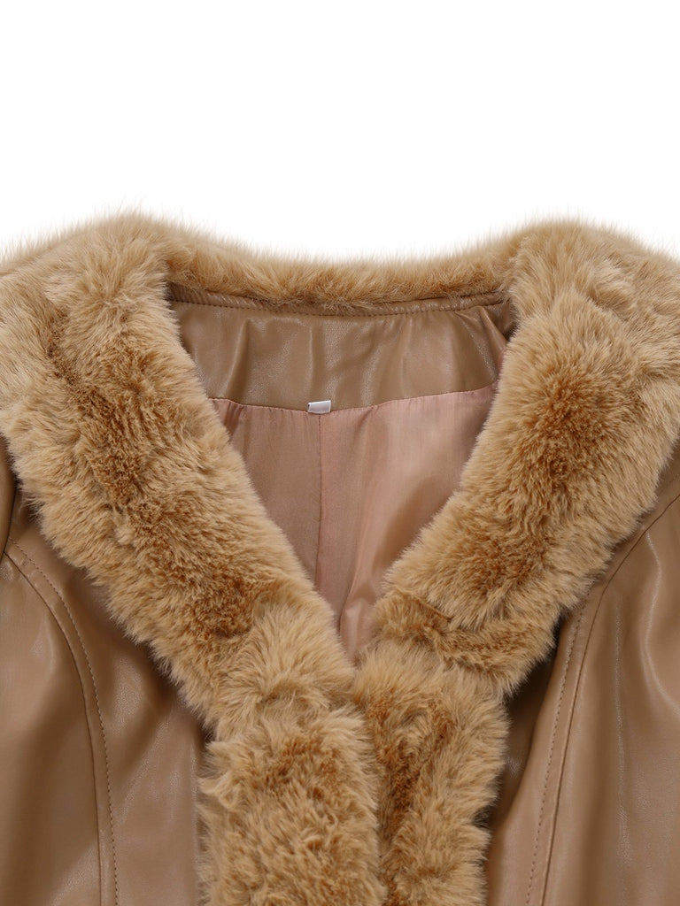 Khaki 1940s PU Leather Faux Fur Collar Belted Coat