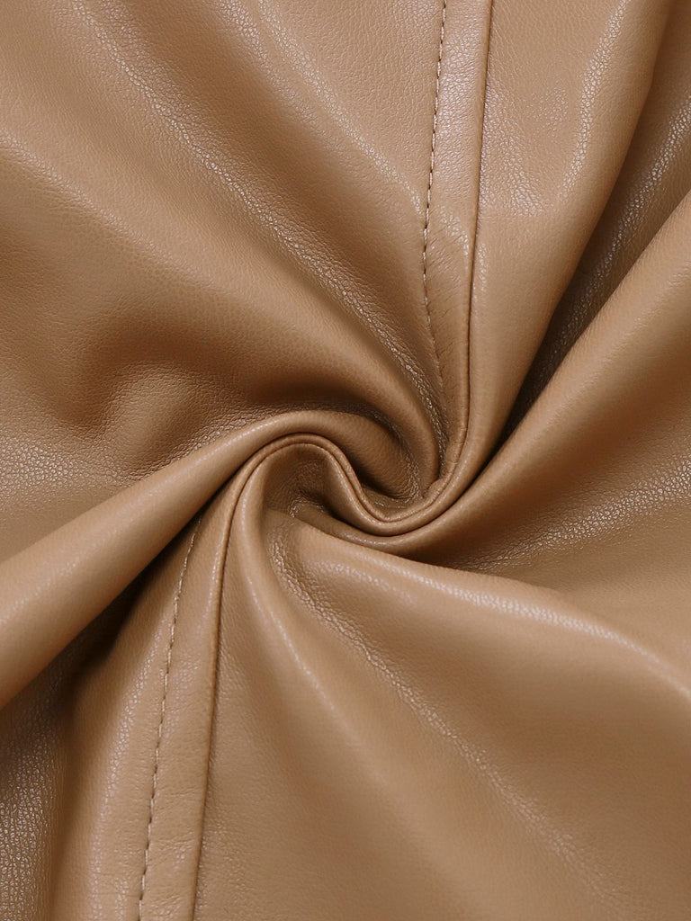 Khaki 1940s PU Leather Faux Fur Collar Belted Coat