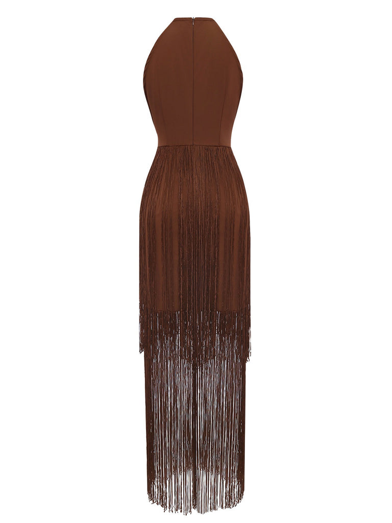Coffee 1920s Solid Fringe Halter Sleeveless Dress