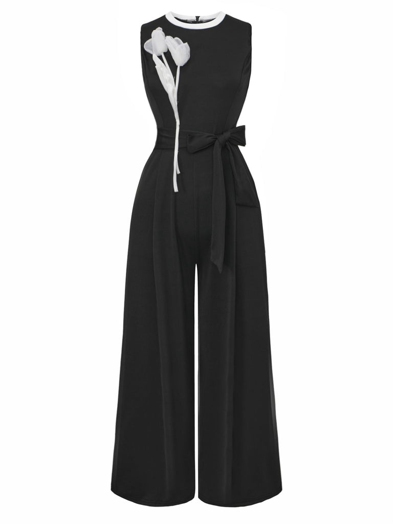 Black 1950s 3D-Floral Sleeveless Tie-Up Jumpsuit