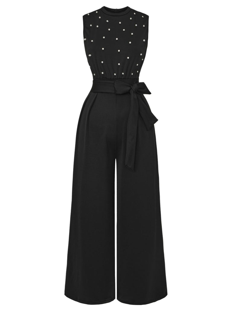 Black 1950s Pearl Beading Bow Belt Jumpsuit