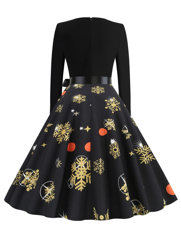 Black 1950s Christmas Snowflake Ribbon Belt Dress