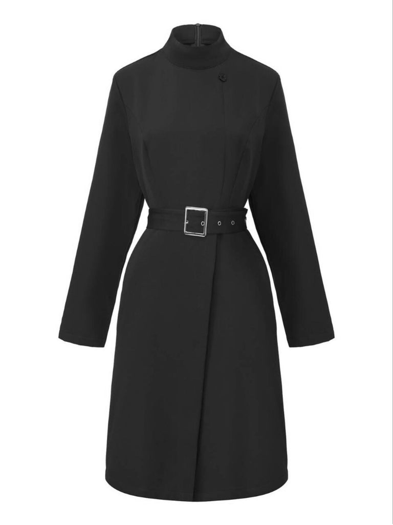 1940s Solid Turtleneck Belted Dress With Pocket