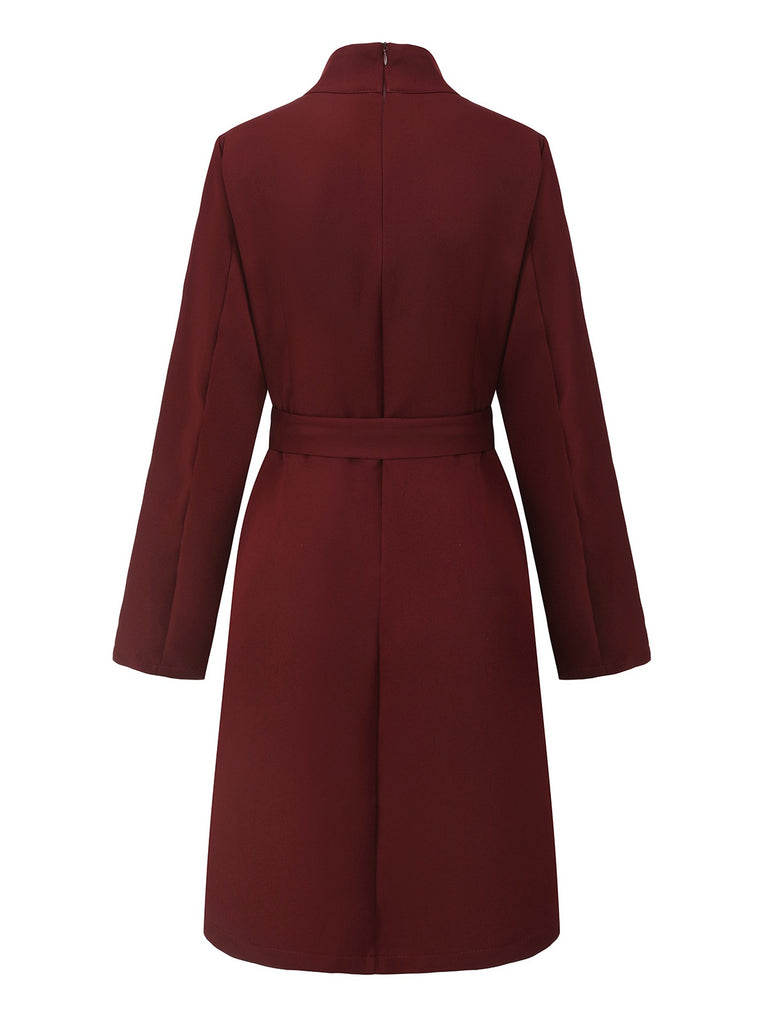 1940s Solid Turtleneck Belted Dress With Pocket