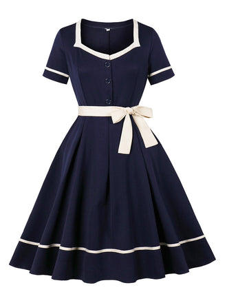 Navy Blue 1950s Nautical Square Neck Belted Dress