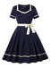 Navy Blue 1950s Nautical Square Neck Belted Dress
