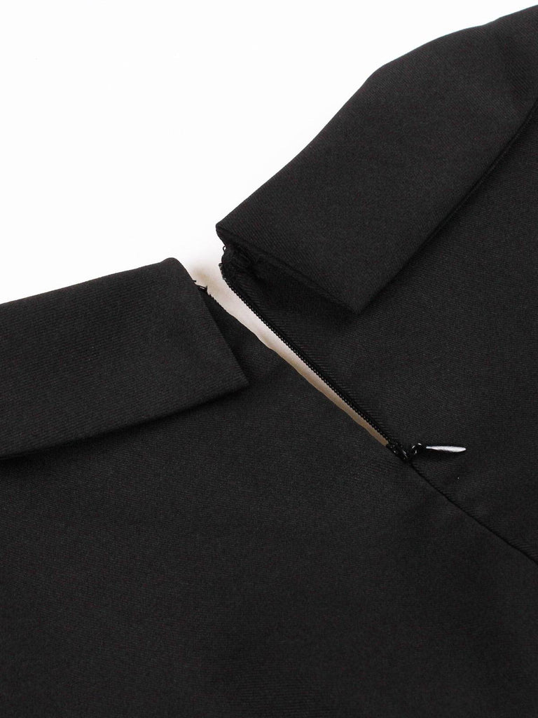 Black 1950s Solid 3D Rose Lapel Swing Dress